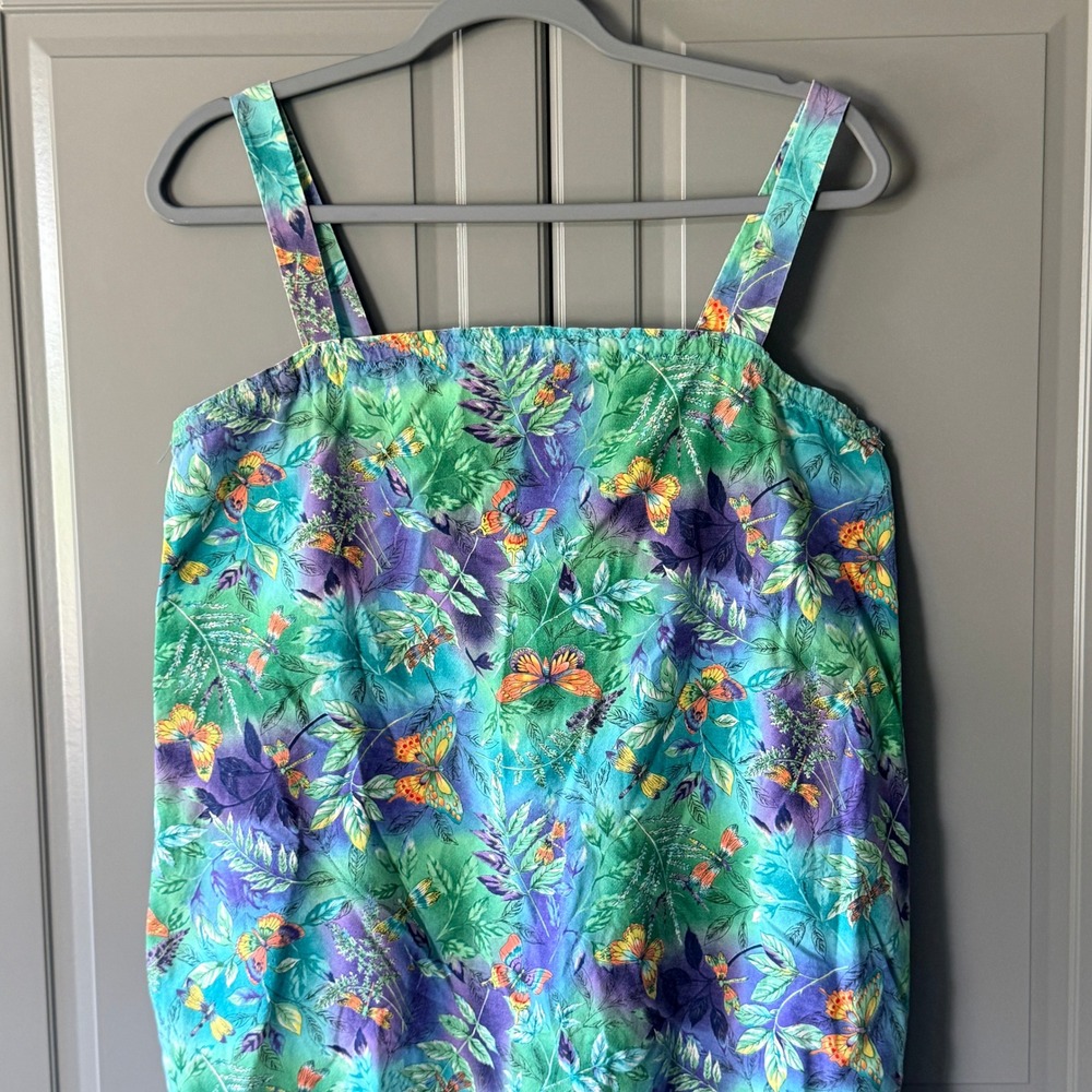 Vintage Whimsy Butterfly Dragonfly Print Drop Waist Sundress, Green Purple,S - Picture 2 of 10